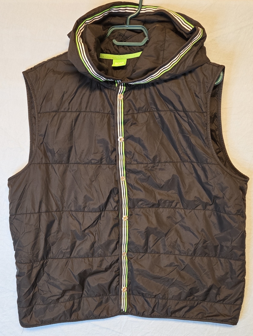 Hugo Boss Black Quilted Button Down Hooded Vest with Lime & White Trim
